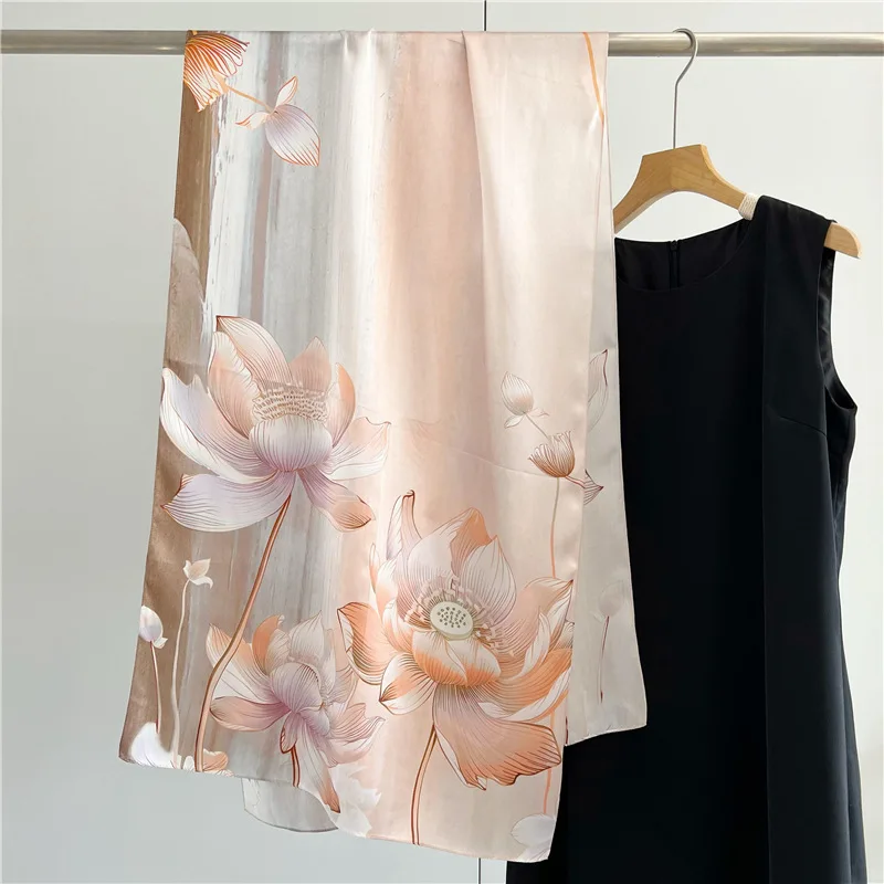 Floral Long Silk Satin Scarf Summer Long Silk Mulberry Stylish Wrap Shawl Scarves 170x53cm With Custom Logo