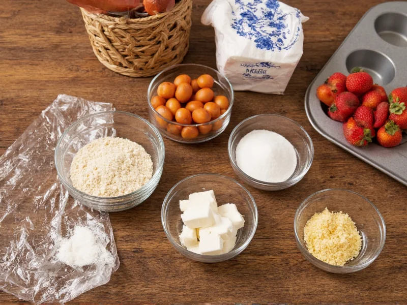 Fresh muffin ingredients on rustic wooden table