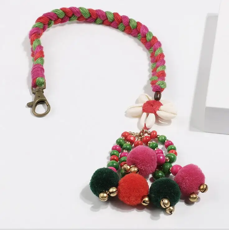 
wholesale boho fur ball drop key chain braid tassel key chain with shell beaded for travel gift 