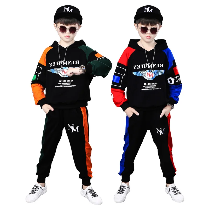 

Autumn boy wing badge printing suit 2021 new boy color matching loose long-sleeved hooded sweater two-piece children's work, Red and blue, yellow and green