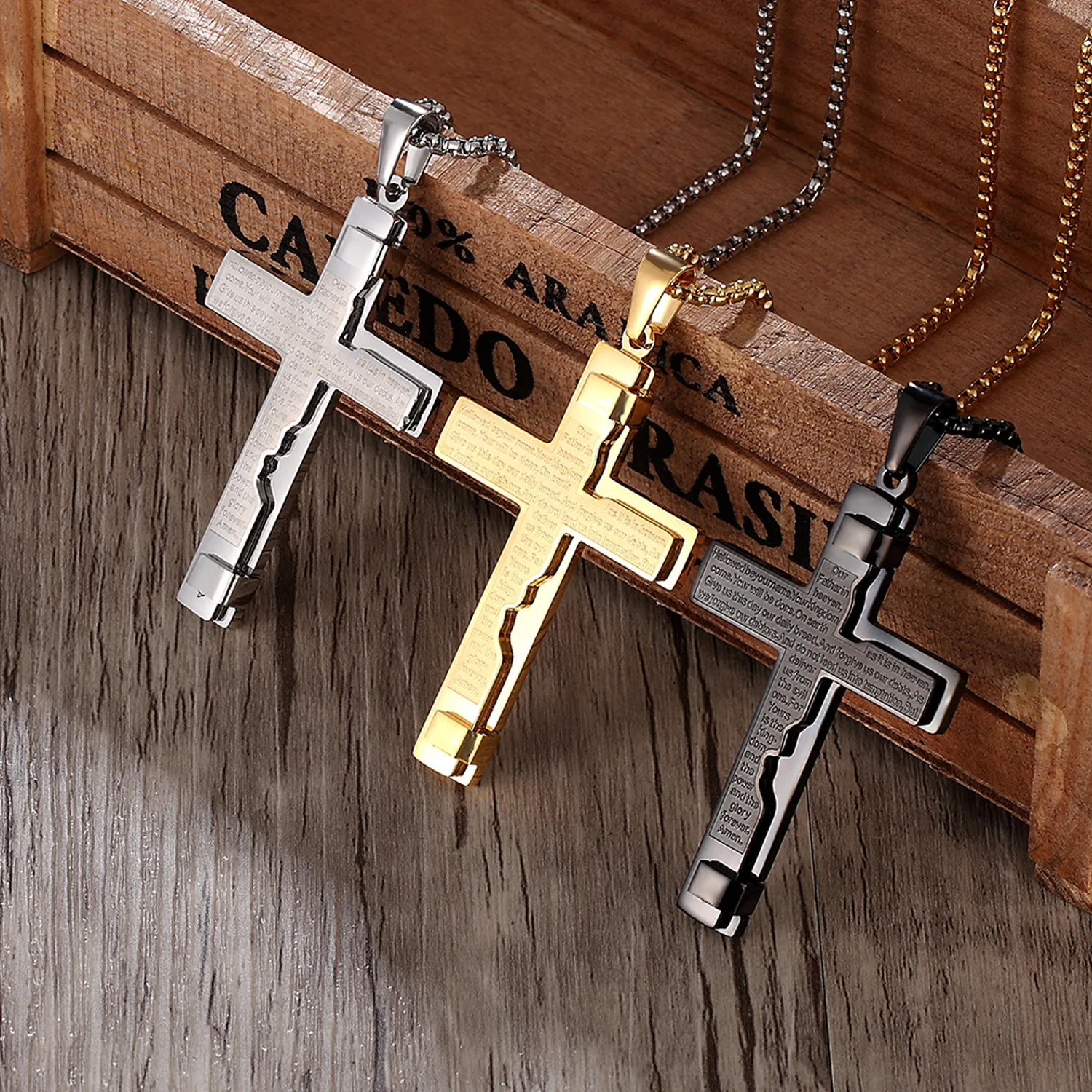 

Jesus Cross Stainless Steel Necklace Christian Silver Gold Plated Couple Titanium Punk Sports Pendant Necklace for Men Women