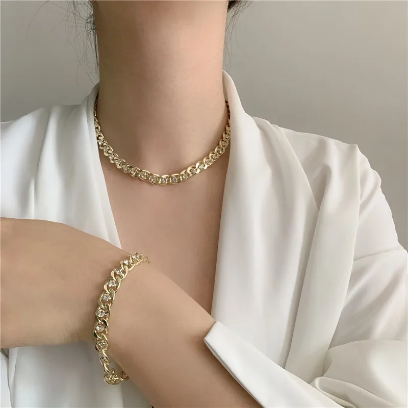 

2020 New Chunky Rhinestone Cuban Chain Necklaces Crystal Wide Link Chain Choker Necklace Bracelet