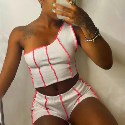 

2021 New Summer Women One Shoulder Tank Top short pants two piece Set Ladies Patchwork Biker Shorts 2 Piece Set Women Clorhing