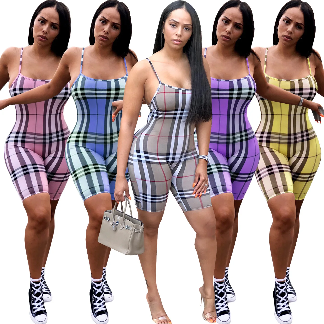 

Wholesale 2021 summer new designer women sleeveless plaid spaghetti strap one piece shorts bodysuit jumpsuit