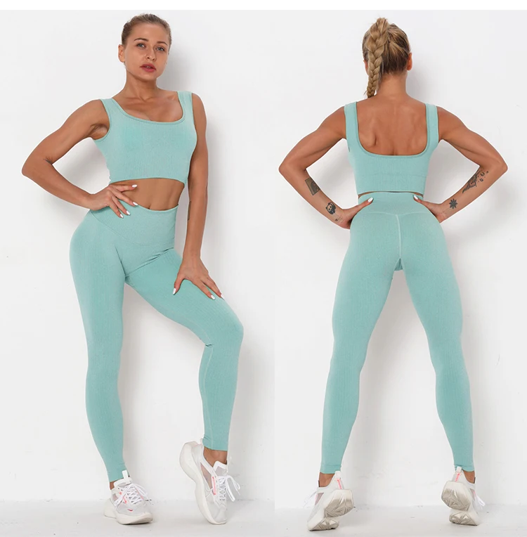 2022 Fitness Seamless Yoga Set  Solid Crop Top+Long Pant Athleisure Women Suit Gym Sports Bra+Legging Two Piece Set Sportswear