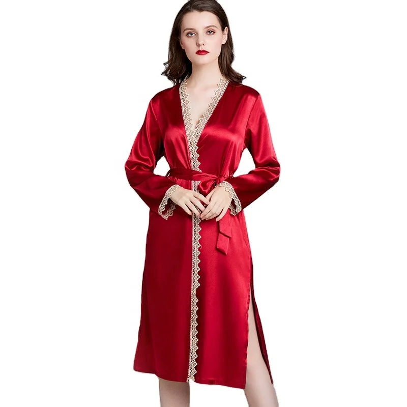 

Wholesale Summer Red Elegant Adult Lace Silk Satin Women Pajamas Long Sleeve Nightgown Robes For Ladies