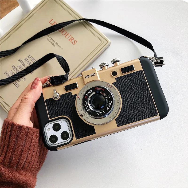 

3d retro camera phone case cross-body rope acrylic creative protective cover for iphone12pro