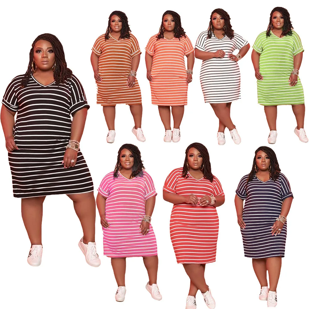 

TC074 hot fashion striped print dress L-5XL women's casual dress for home wear