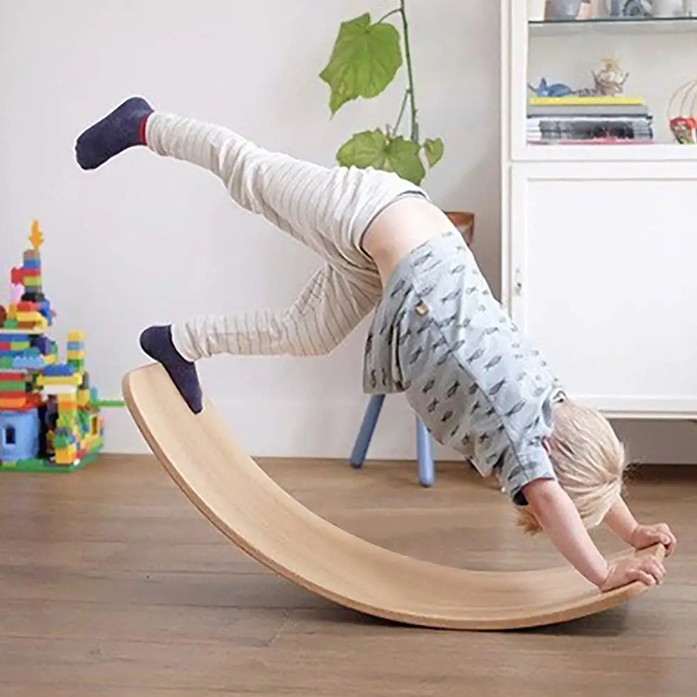 

Winning New Design Wholesale Wooden Montessori Fitness Curved Balance Board Toy Kids Rocker Yoga Fitness Wobble Balance Board, Natural wood/rainbow colors/oem