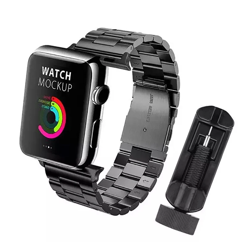 

Classic Three Beads Smartwatch Wristband 3 Link Metal Watch Strap Stainless Steel Chain for Iwatch Apple Band, Black , silver , gold , rose gold , rose pink