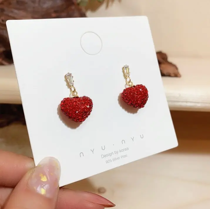 

S925 silver post red small peach heart earrings new red diamond love earrings