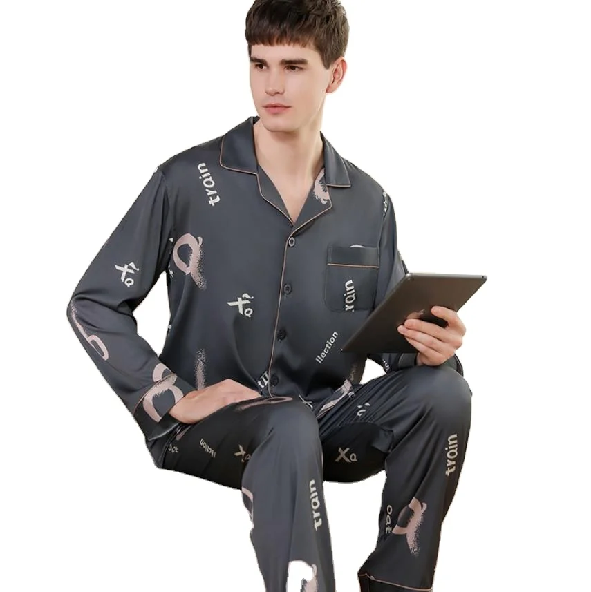 

Good quality men's sleepwear sets adults silk pajamas home clothes with long sleeves, Picture shows