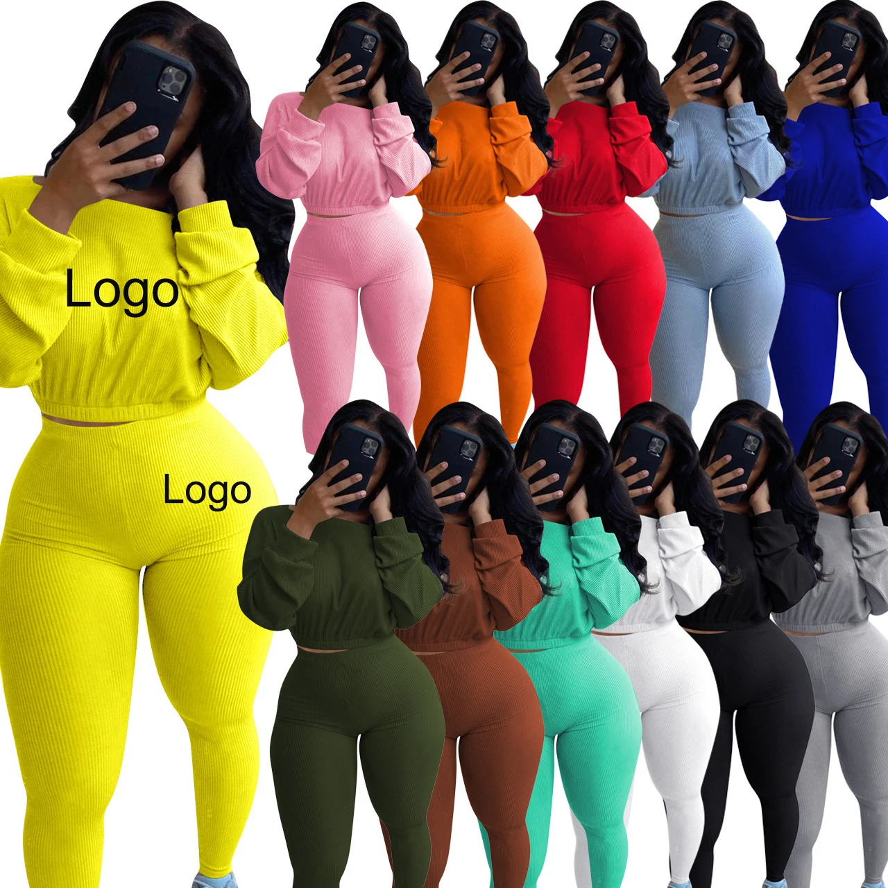 

Latest Design 2021 Casual Outfits Workout Long Sleeve Crop Top Pencil Pants Tracksuits 2 Piece Pants Set Fall Clothing for Women