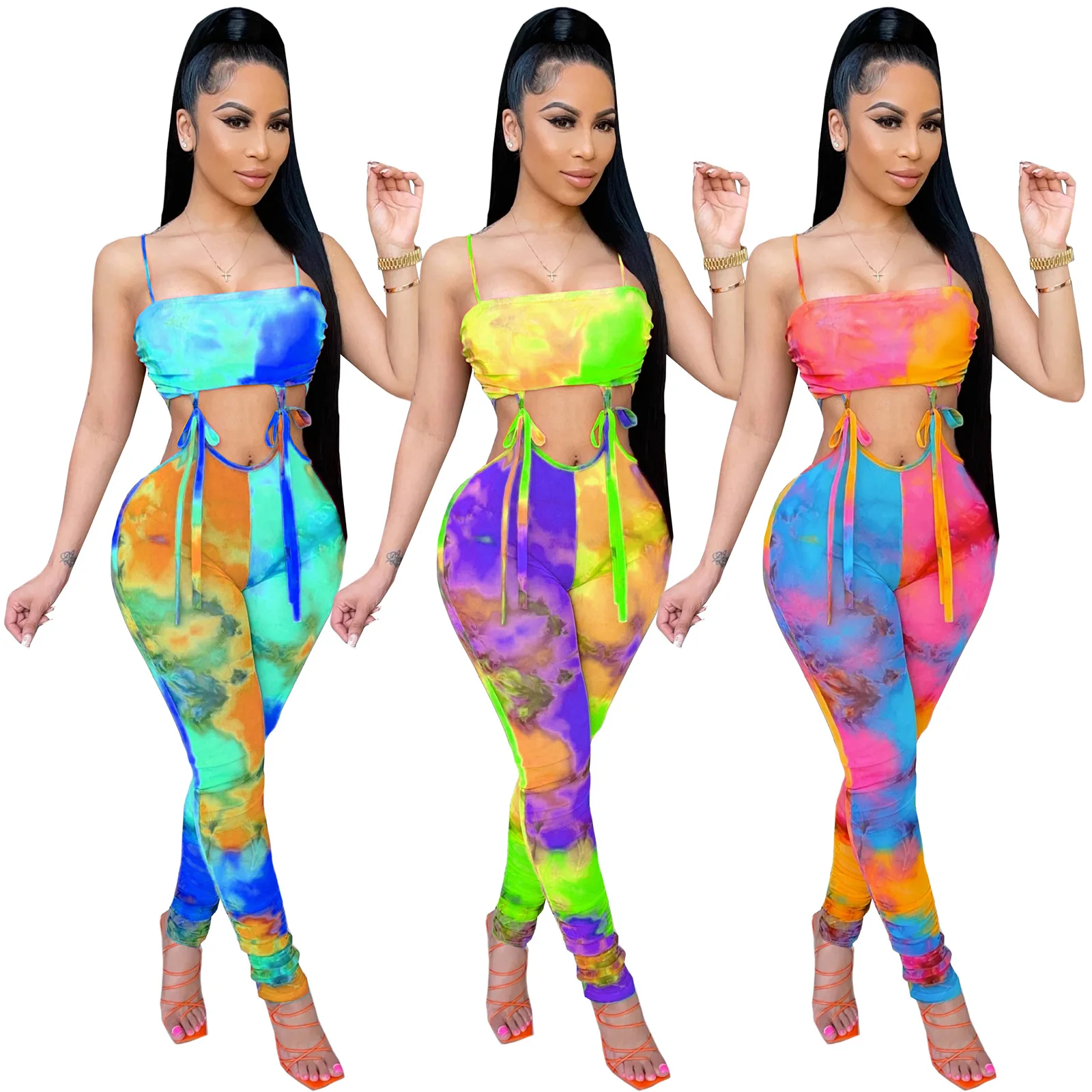 

summer femal outfit playsuits streetwear women tie dye printed spaghetti straps bodycon sexy backless jumpsuit