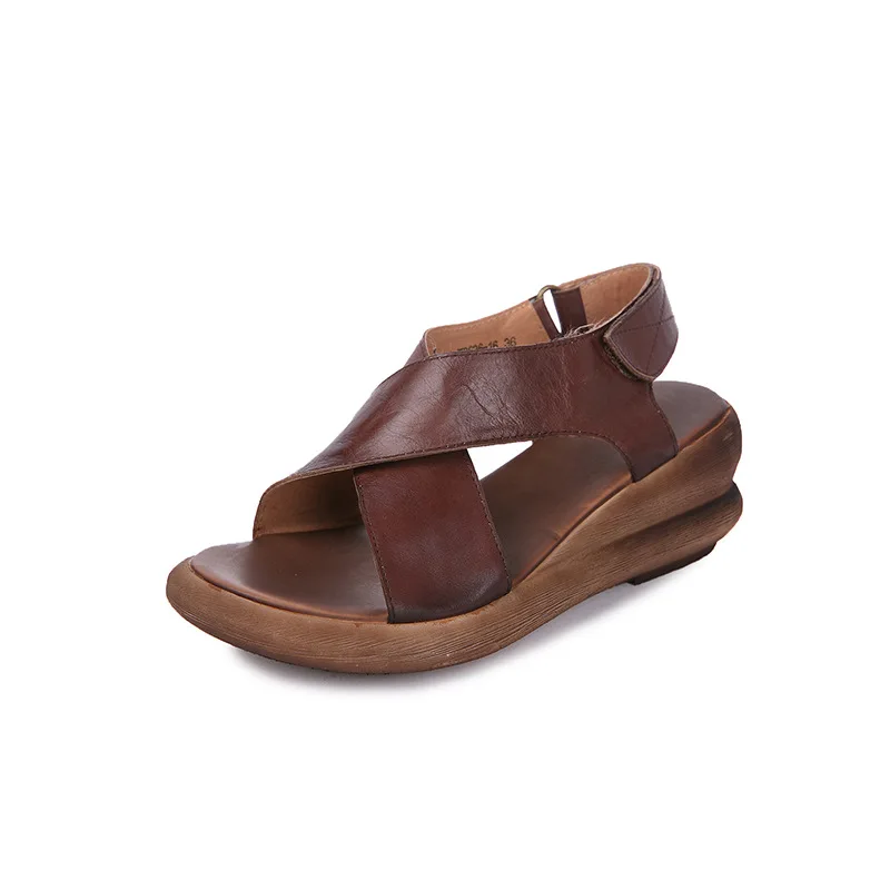 

New Genuine Leather Ladies Sandals Platform Women Shoes Casual Retro Summer Women Sandals, Khaki coffee