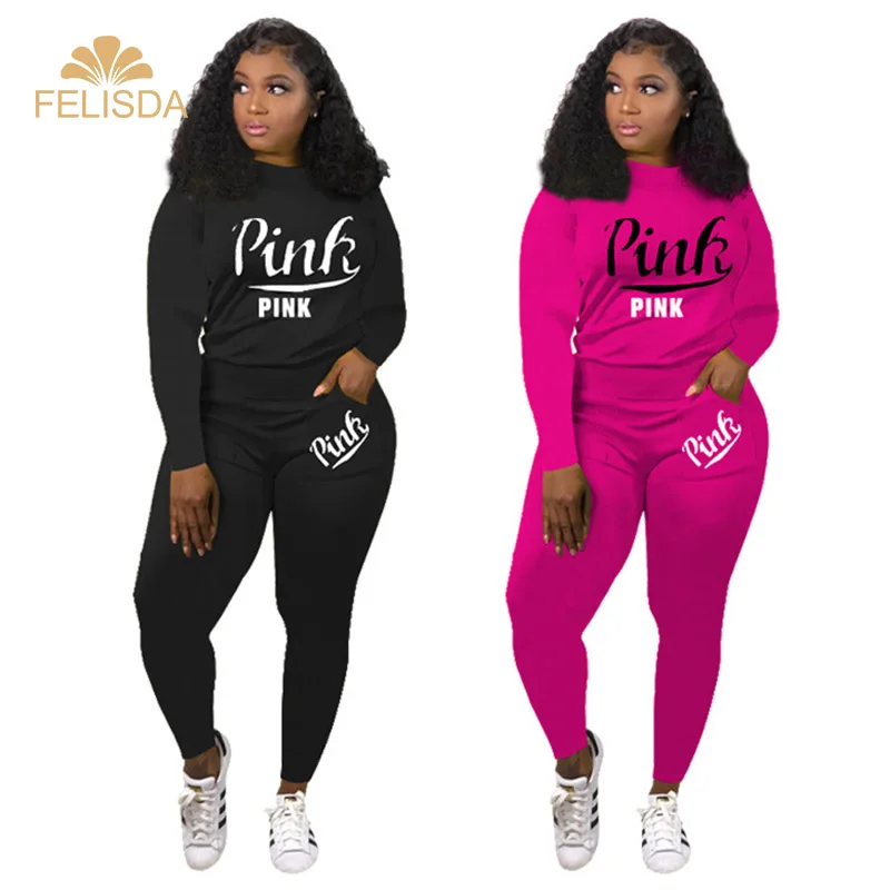 

Autumn Winter Tracksuit Set For Women Pink Letter Print Long Sleeve Top Long Pants Two Piece Set Casual Sporty Outfits Sweatsuit