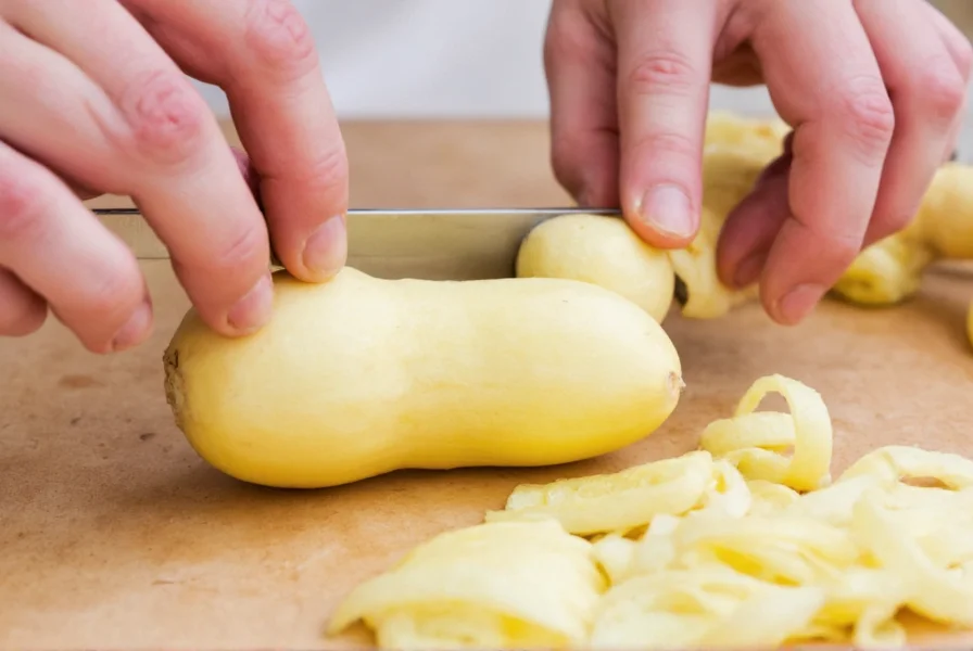 Close-up of hand using spoon to peel ginger root against cutting board