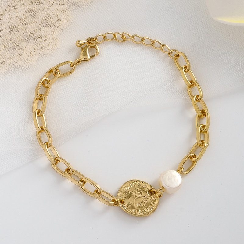 

18k gold plated chain charm natural fresh water pearl engraved coin pendant Portrait Coin Chain bracelet for women jewelry, Muti