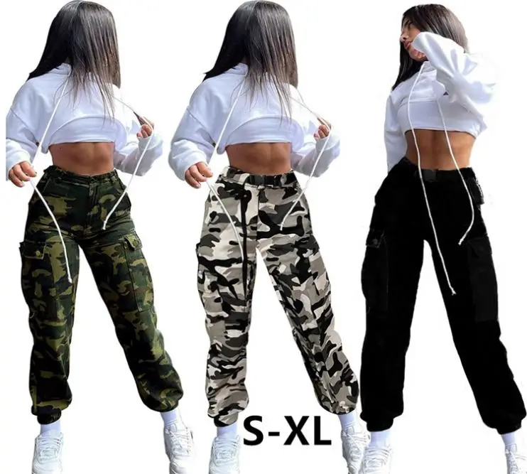 

2021 Custom Casual Cargo High Waist Camouflage Woman Green Camo Stacked Women's Army Fatigue Pants Women, Picture