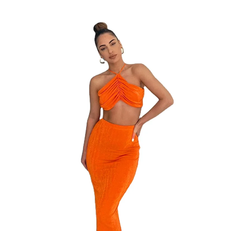 

Solid Bandage Women Two Piece Sets Fashion Clothing Streetwear Outfits Sexy Backless Slim Crop Top Slit Skirt Set B1333