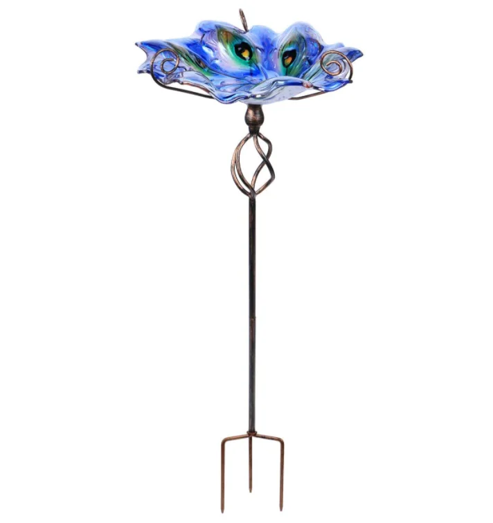 

Glass 31 Inch Birdbath Height Birdfeeder with Metal Stake Garden Yard Outdoor Bird Bath Stake