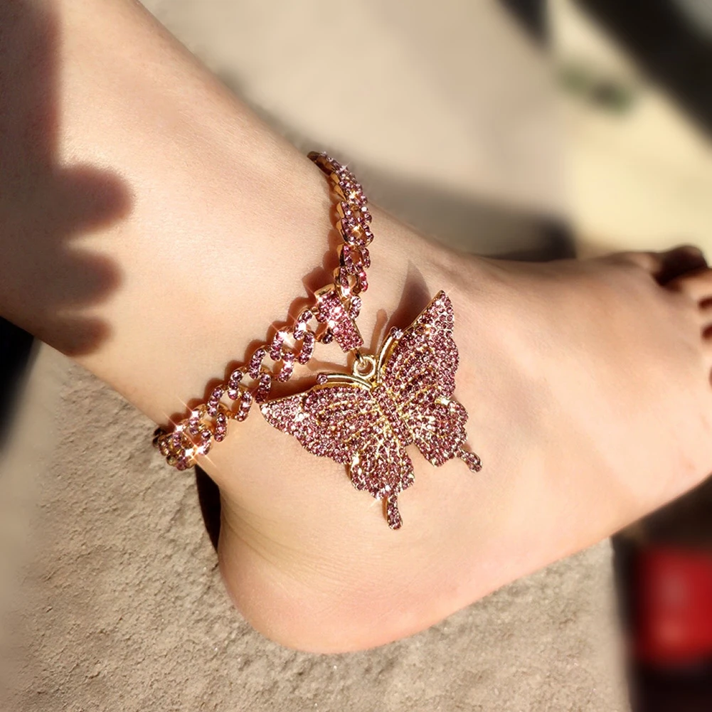 

Exquisite Exaggerated Pink Quartz Butterfly Anklets For Rhinestone Filled Butterfly Pendant Anklet, Gold silver plated