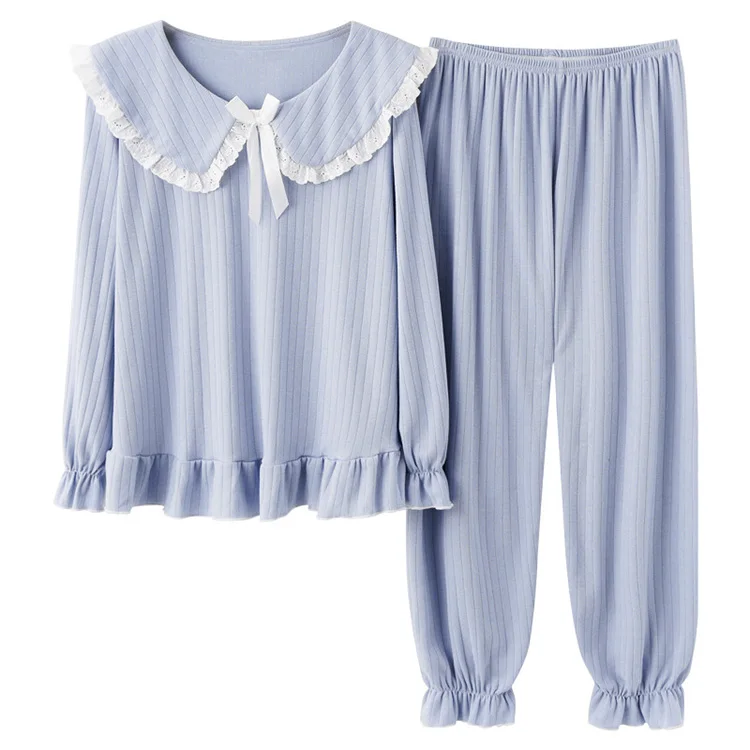 

100% Cotton Women's Sleepwear Long Sleeve Long Pant Bow Lace Cute Sleepwear, Blub