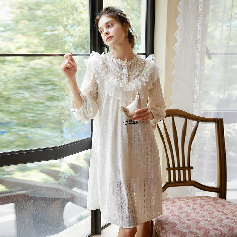 

sweet lace ruffles solid straight loose women's sleepwear lounge wear nightdress