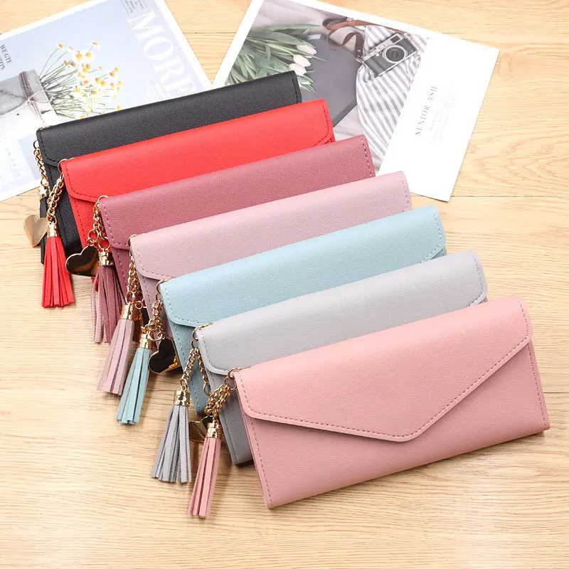 

2021 Hot Sale Solid color Tassel Envelop Card Holder Long Wallets Women Heart Pendant Elegant and Simple Purses