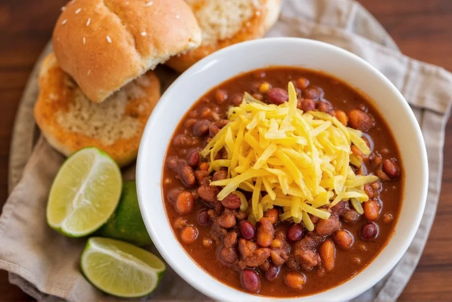Bowl of chili served with toppings