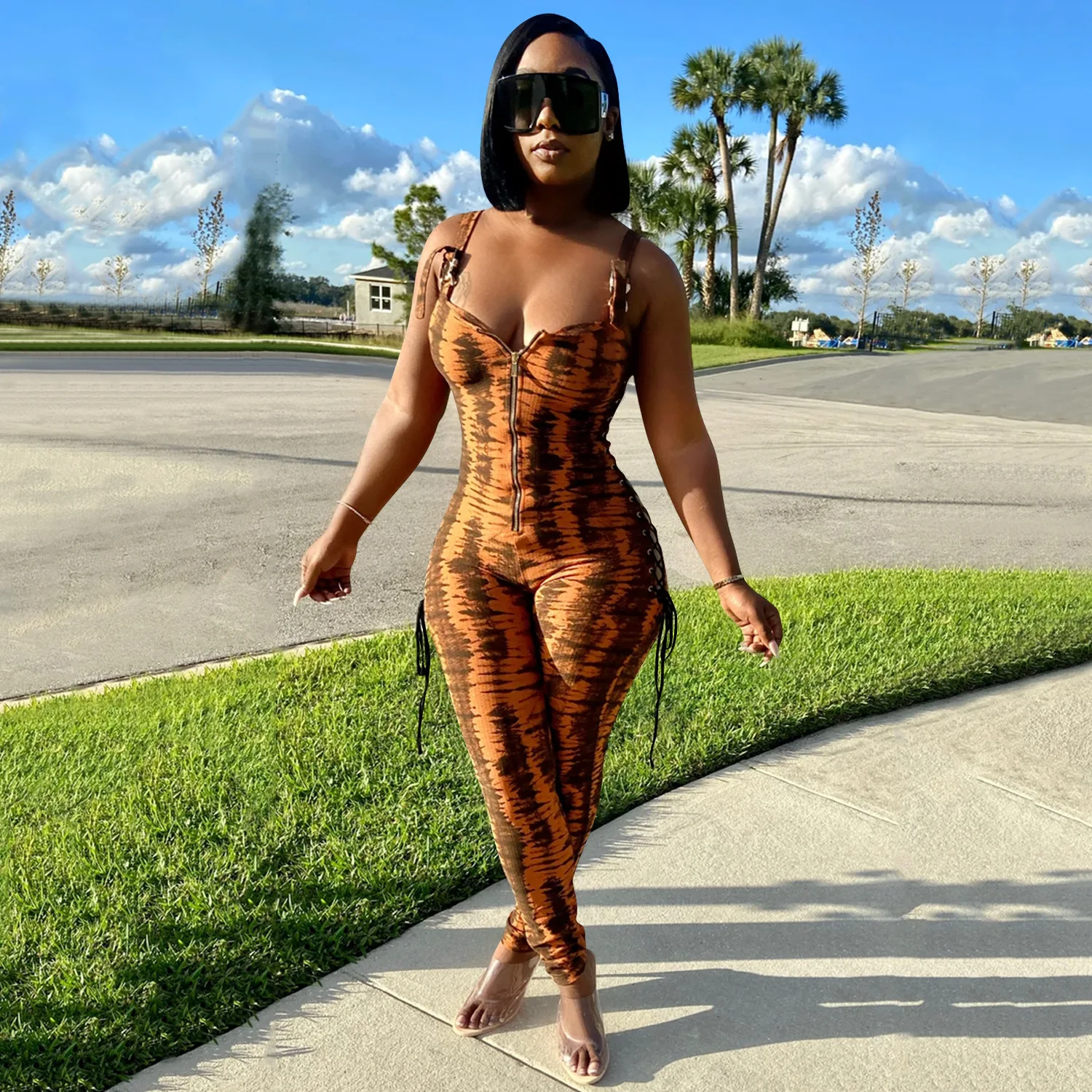 

X5453 -- Fashion Bandage Sleeveless Strap Printed Women Jumpsuits