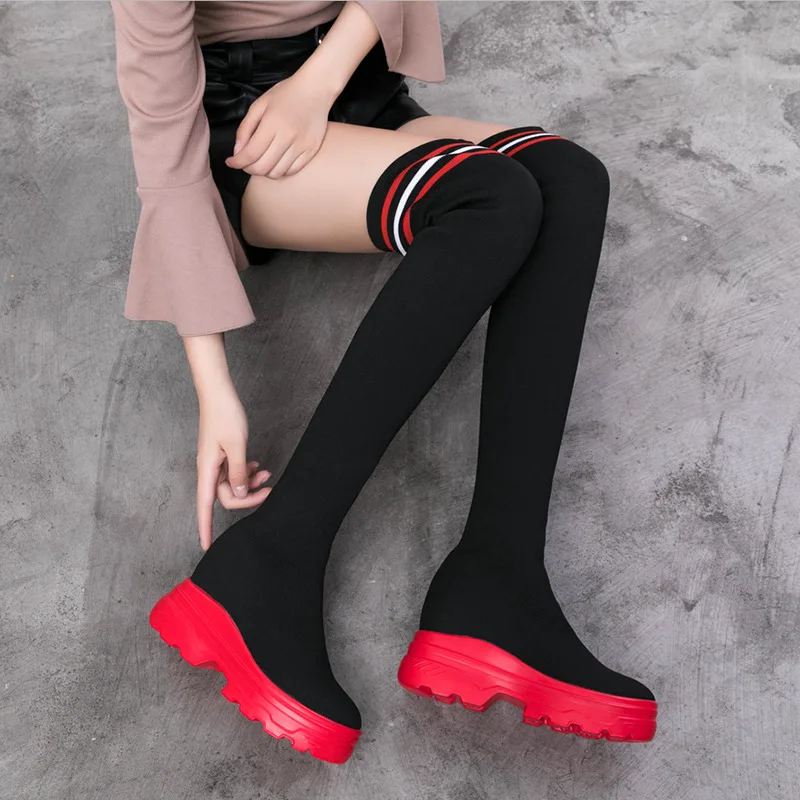 

High Quality Women Elastic Long Boots Fashion Over The Knees Long Flat Boots Increased Wedges Women Boots Women's Shoes