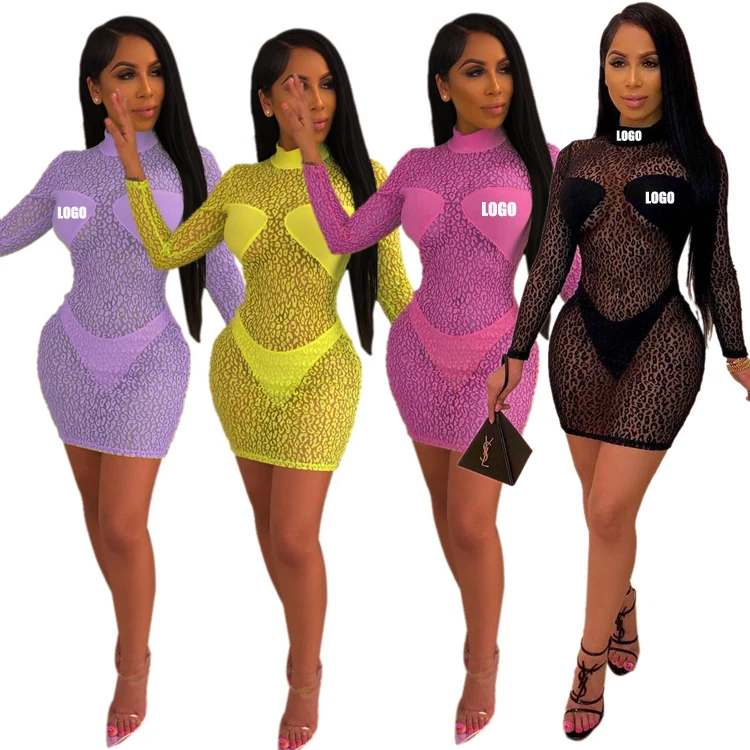 

Free shipping Clothes Chic Leopard Mesh Pleated Ladies Party Mini Bodycon Dress, Customized color