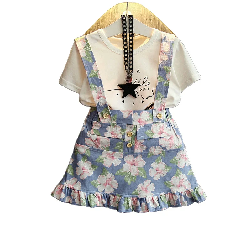 

Cross-border small new medium-sized girls watermelon t-shirt floral strap short skirt 2 piece set kids children clothing