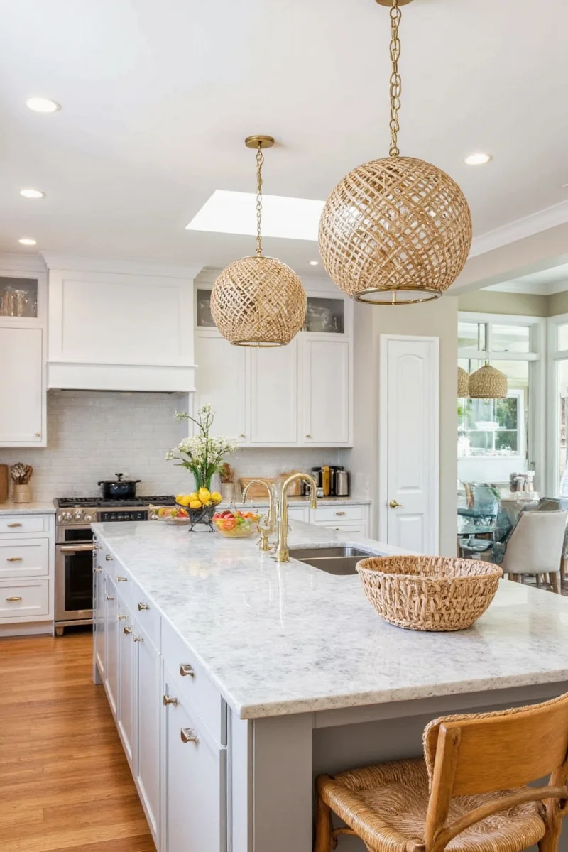 Kitchen with bold blue walls and bright accessories