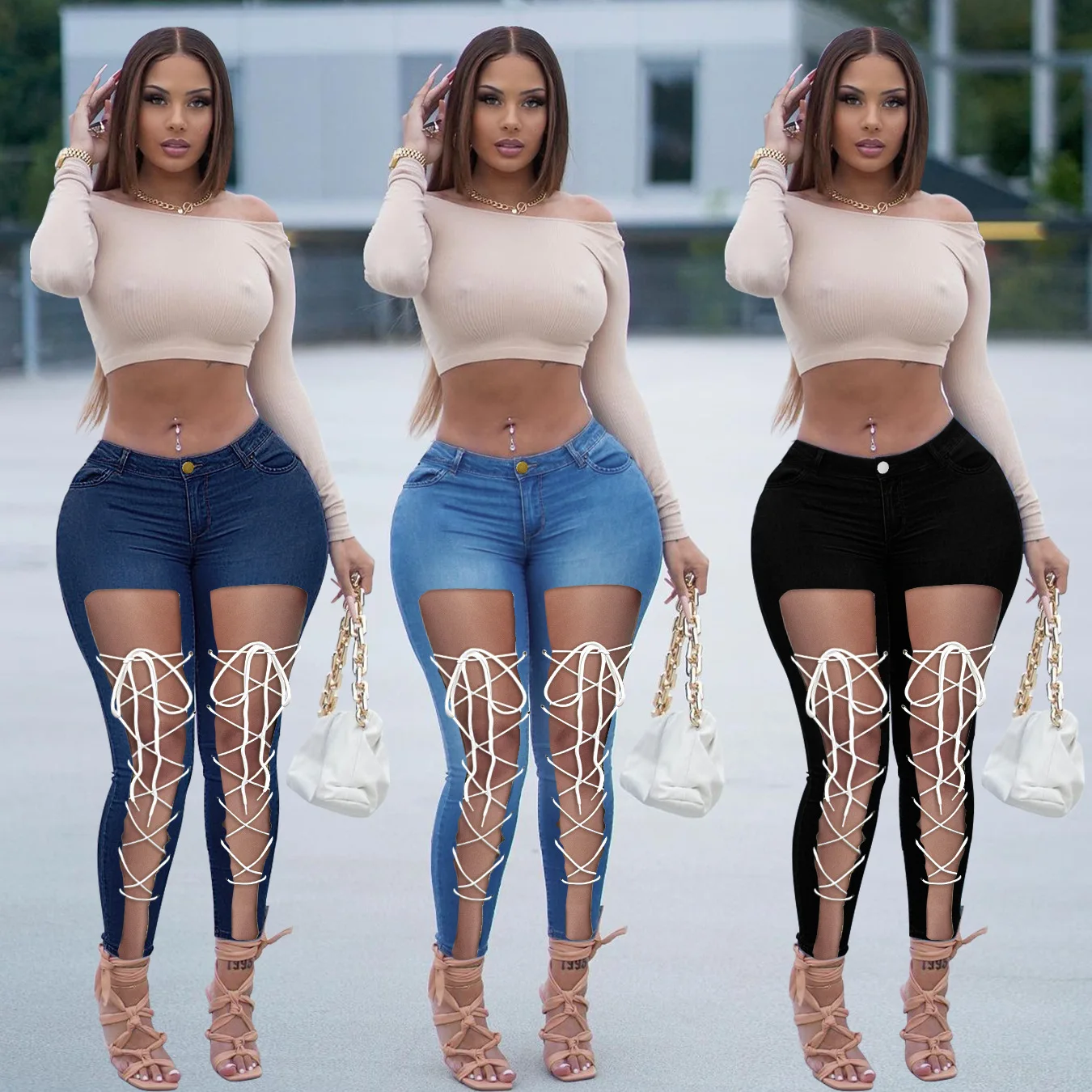 

YS-PD9416 Femmu summer fall long pants strip jeans elastic girls demin pants plus size jeans, As picture shows or customized color