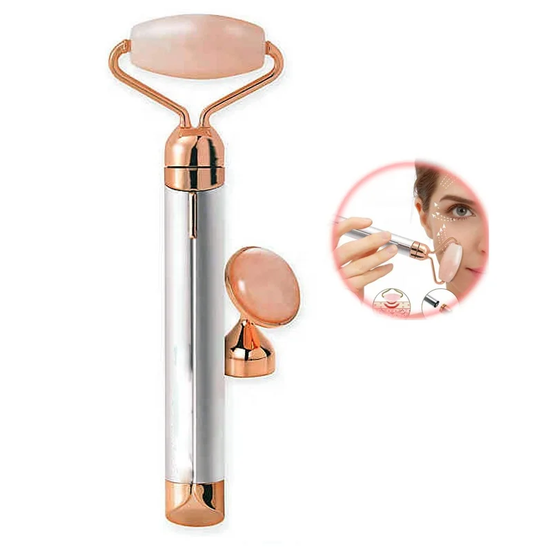 

New Product Natural Rose Gold 2 in 1 Electric Quartz Massager Vibrating Facial Jade Roller Wholesale Under Eye Stone For Face, Green/rose/black/blue/purple ect