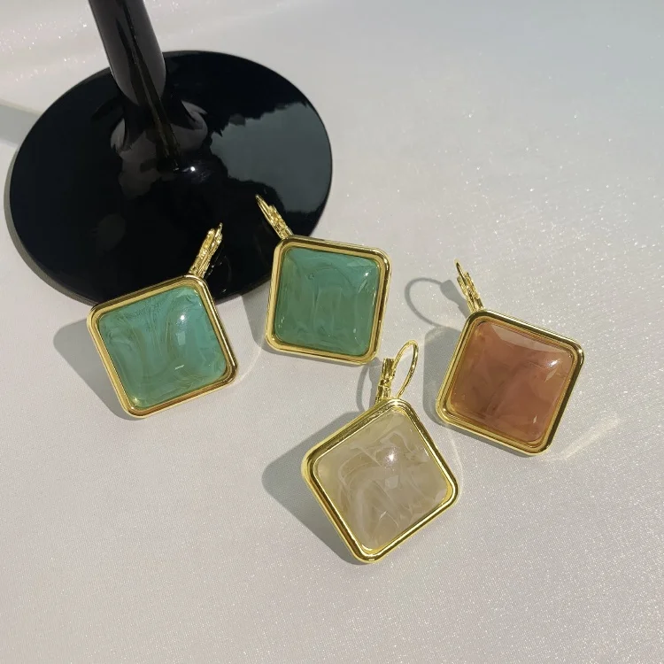 

Fashion Temperament Premium Candy Color Geometric Square Opal Women Earrings, Green/beige/champagne