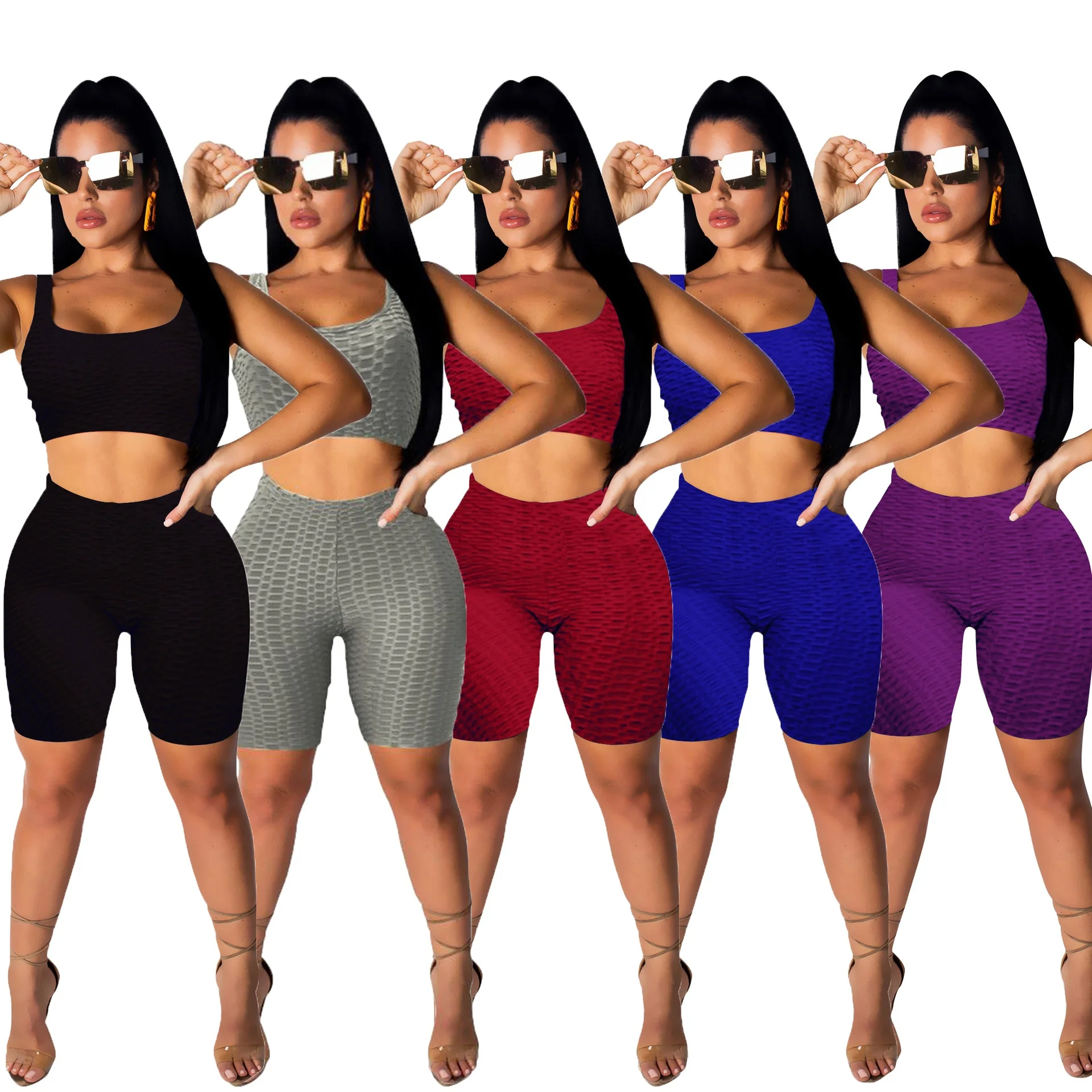 

MT46-2125 Wholesale women fashion bubble jacquard pineapple cloth yoga sports casual set 2 piece set women