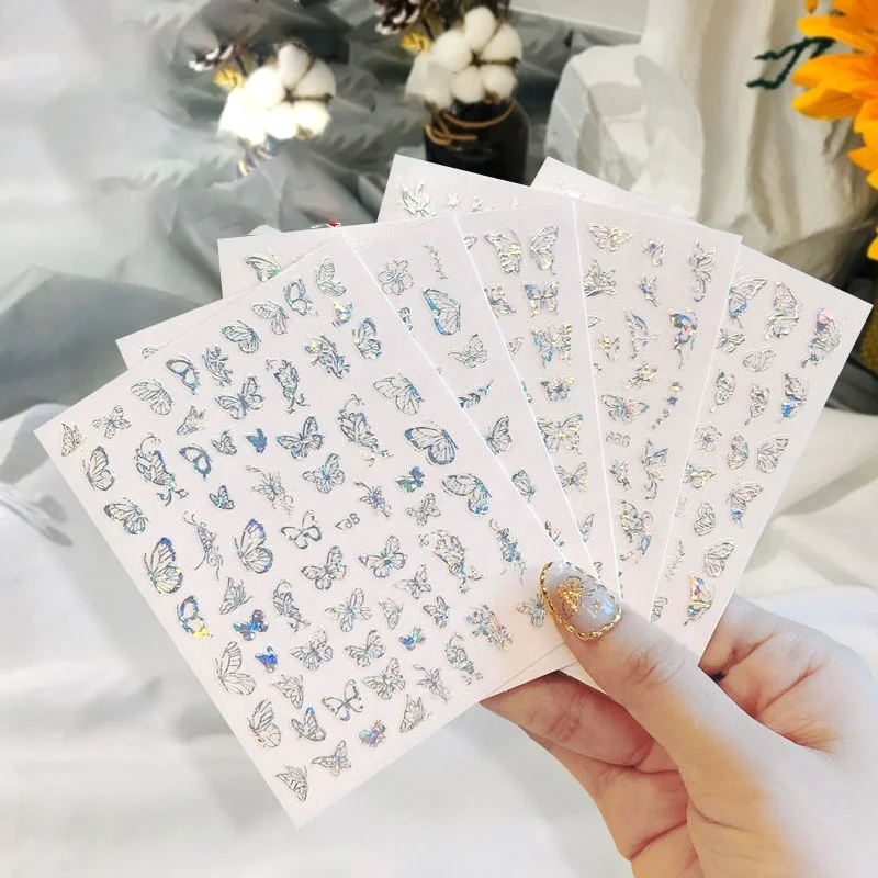 

Paso Sico 2021 Hot Sell Nail Art Stickers Adhesive Valentine Day Simple Butterfly Laser Effects Sticker Decals