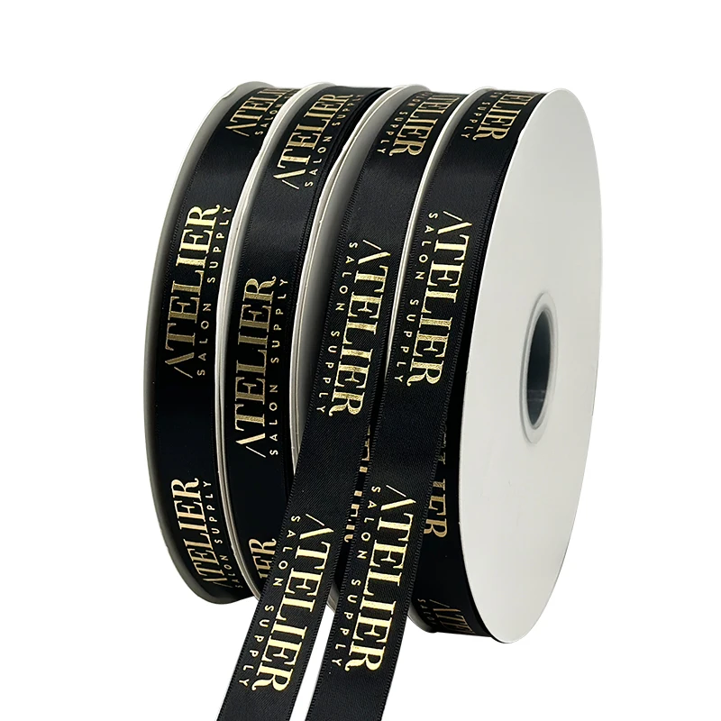 

Luxury custom gold foil 3d embossed polyester satin ribbon grosgrain printed logo gift pack