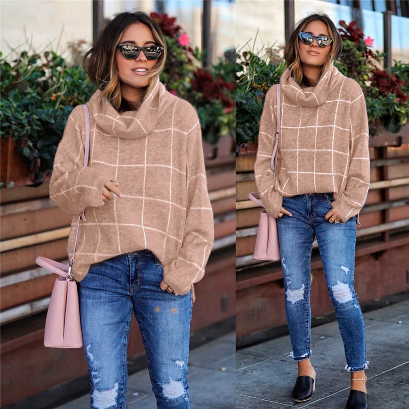 

Best Selle Knit Wool Sweaters for Women Plaid Turtleneck Winter Sweater