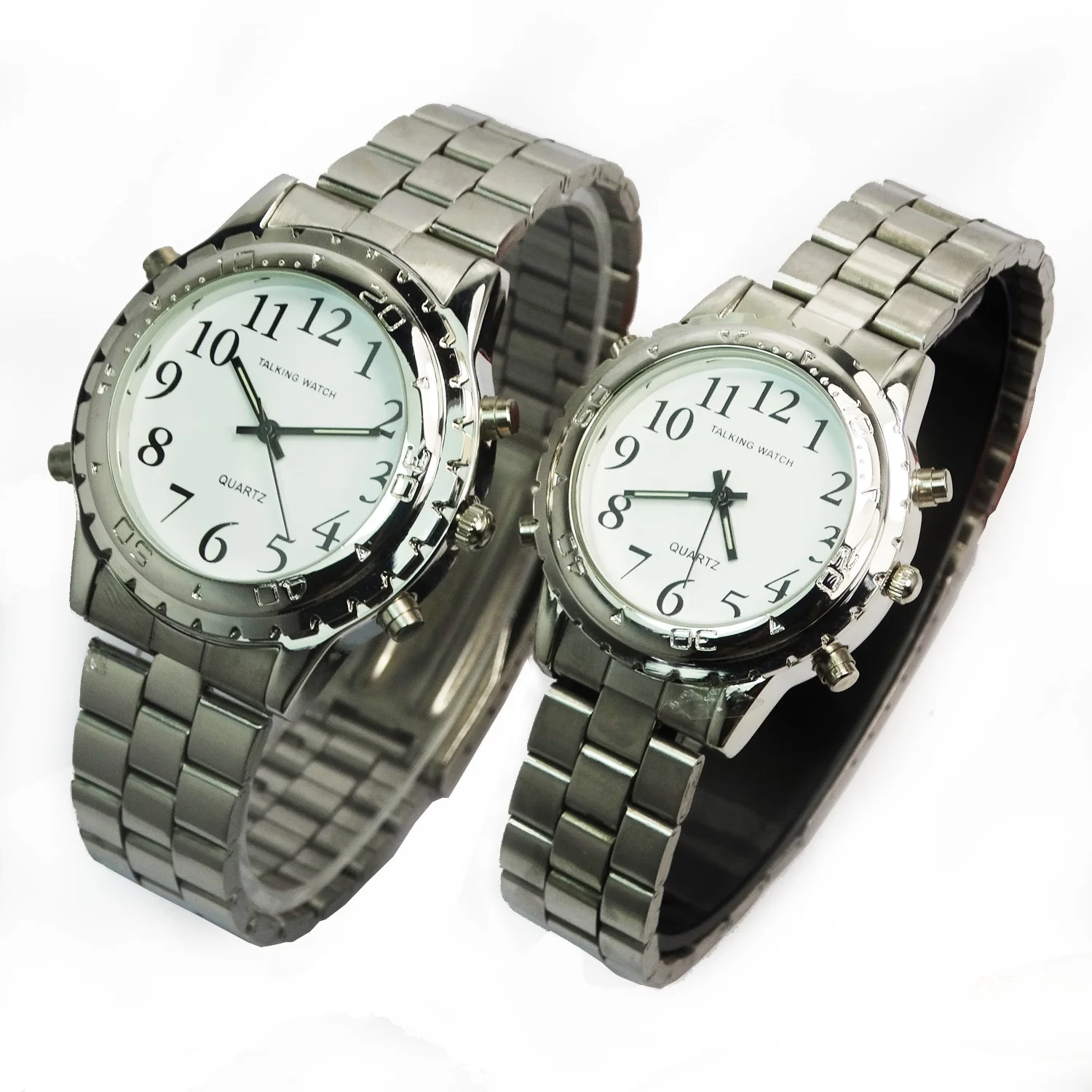 

Low moq premium lover's silver alloy speaking watches blind people English talking watch
