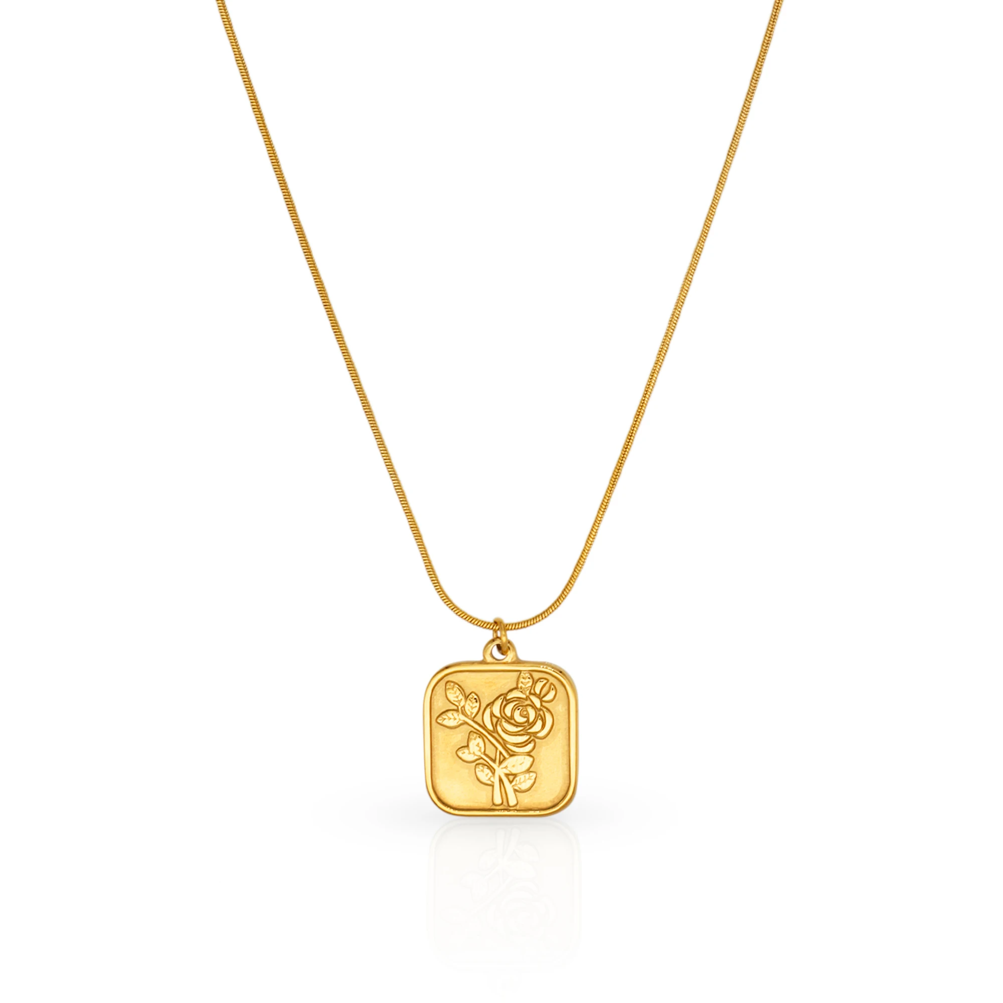 

Chris April in stock 316L stainless steel PVD gold plating rose flower square pendant snake chain necklace