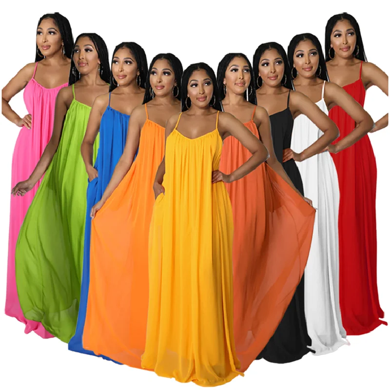 

YQY9702 Latest Design Summer Dresses Women Casual Solid Color Backless Spaghetti Strap Long Dresses Women Chiffon Dress