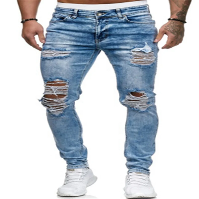 

European American Ripped Men's Jeans Straight Denim Trousers, Light blue