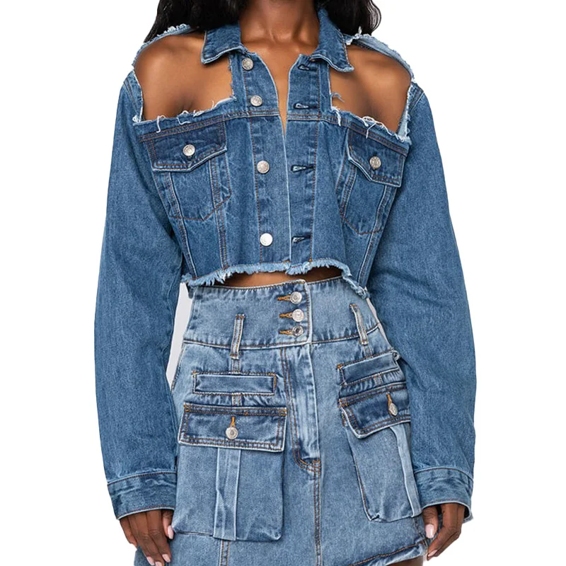 

2021 Wholesale Ladies Sexy Holed Off Shoulder Denimlong Sleeve Jeans Jackets Women