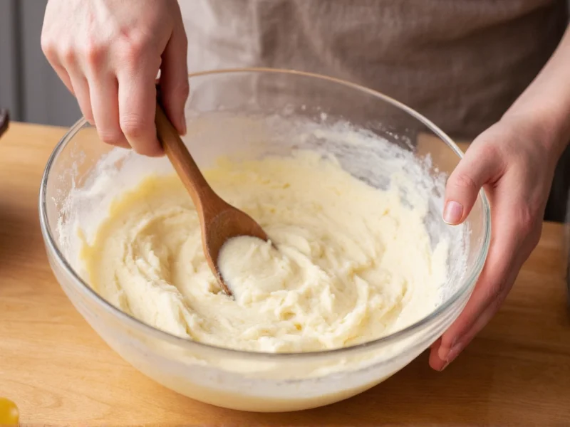 Hands mixing cake batter in glass bowl with wooden spoon
