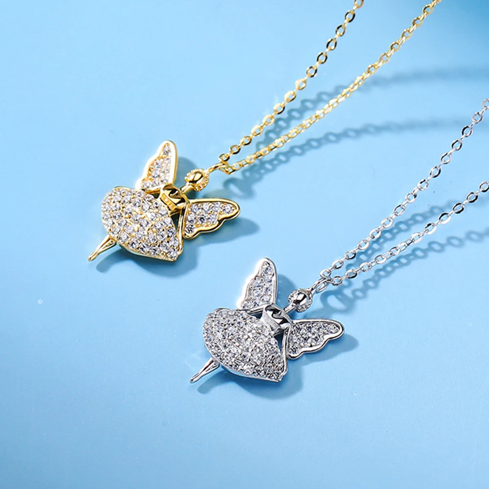 

High Quality 925 Pure Silver Jewelry Pendant Guardian Angel Cubic Zirconia Necklace For Women Christmas Gift