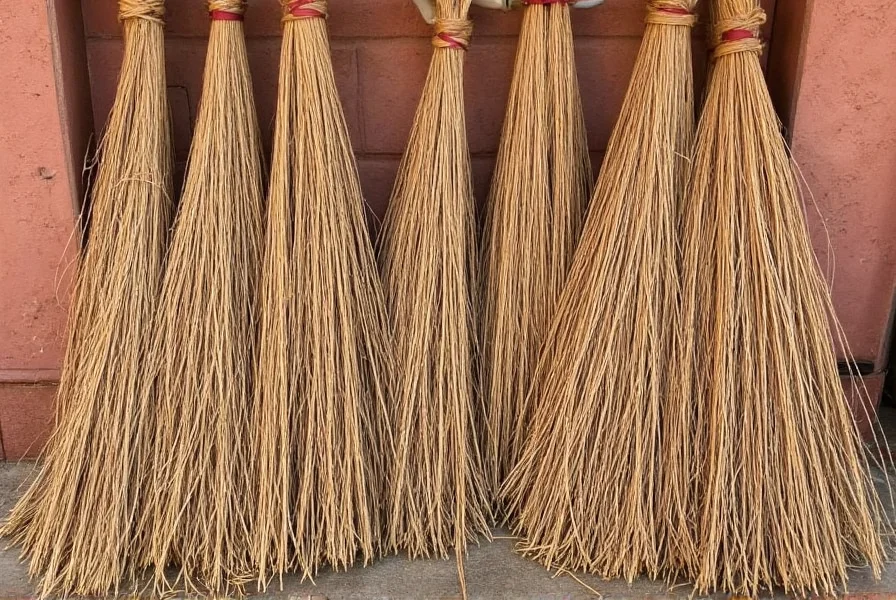 Traditional handmade cinnamon broom hanging above a wooden doorway with cinnamon sticks bound together with natural twine